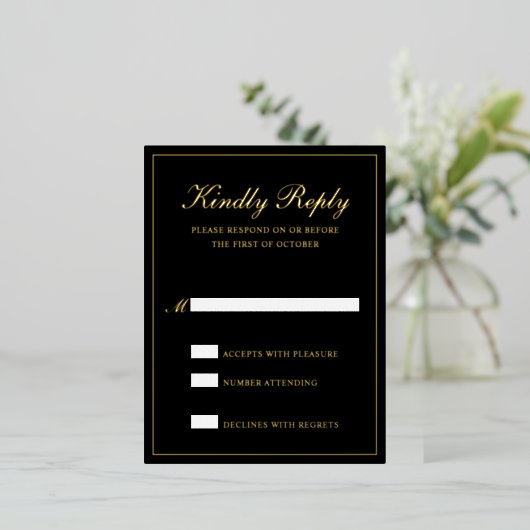 Elegant Black Gold Foil Formal Wedding RSVP Kaart (Staand Voorkant)