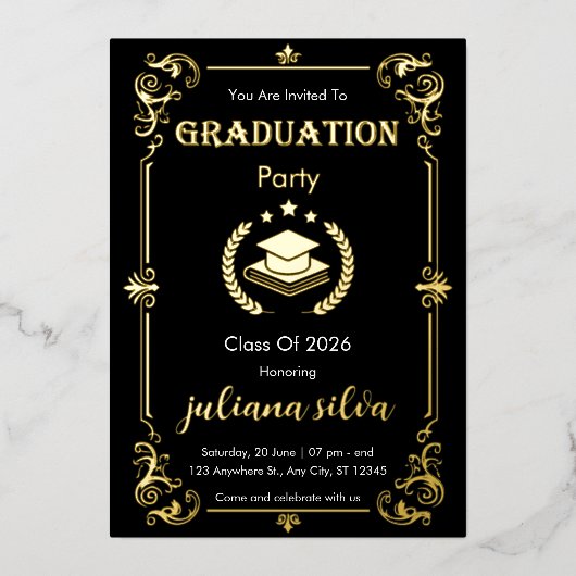 Elegant Black & Gold Foil Graduation Invitation (Recto)