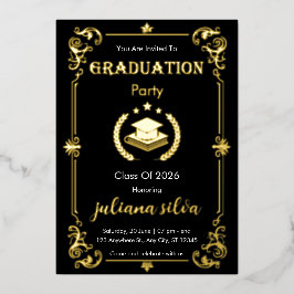 Elegant Black & Gold Foil Graduation Invitation Folie Uitnodiging