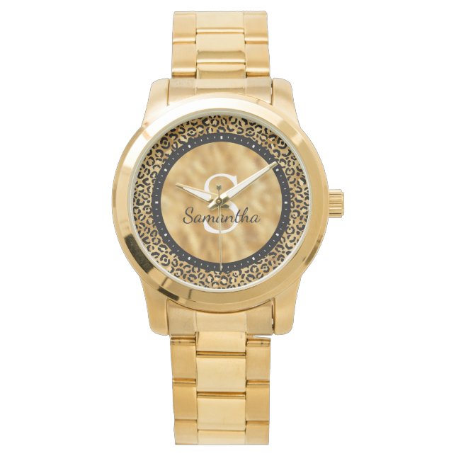 Elegant Black Gold Foil Leopard Name Monogram Horloge (Voorkant)
