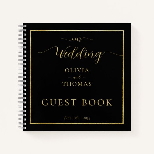 Elégant Black Gold Frame Mariage livre d'hôtes (Devant)