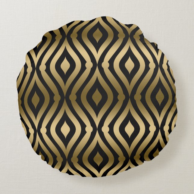 Elegant Black & Gold Geometric Pattern Rond Kussen (Achterkant)