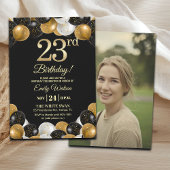 Elegant Black Gold Glitter 23rd Birthday Photo Kaart