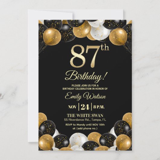 Elegant Black Gold Glitter 87th Birthday  Kaart (Voorkant)