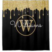 Elegant Black Gold Glitter Drift Monogram Script Douchegordijn (Voorkant)
