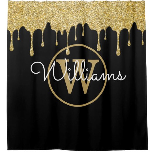 Elegant Black Gold Glitter Drift Monogram Script Douchegordijn (Voorkant)