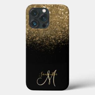 Elegant Black & Gold Glitter Monogram iPhone 13 Pro Hoesje