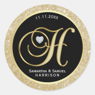 Elegant Black Gold Glitter Monogram Letter 'H' Ronde Sticker