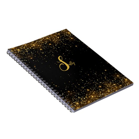 Elegant Black & Gold Glitter Monogram Script Name Notitieboek (Rechterzijde)
