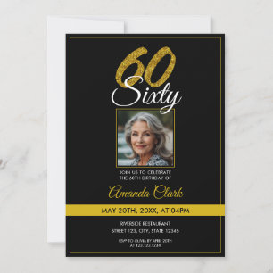 Elegant Black & Gold Glitter Photo 60th Birthday Kaart