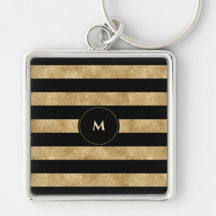 Elegant Black Gold Glitter Striped Monogram Sleutelhanger