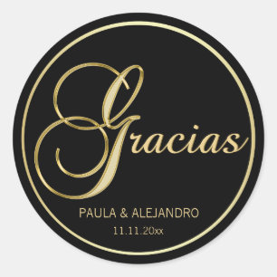 Elegant Black Gold GRACIAS Wedding Envelope Ronde Sticker