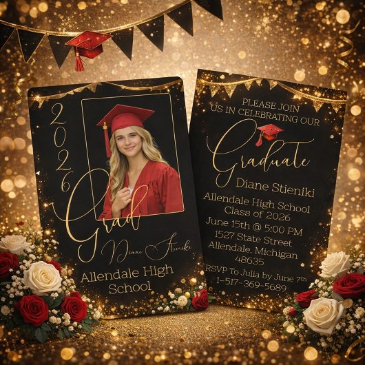 Elegant Black & Gold Graduation Invitation 