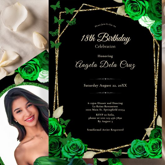 Elegant Black Gold Green Rose 18th Birthday Debut Kaart