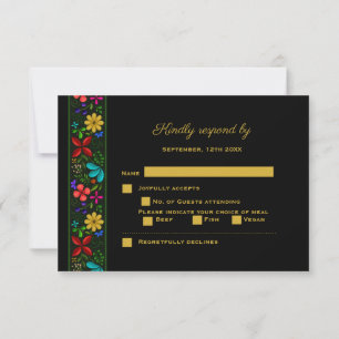 Elegant Black Gold Latijns-Amerikaanse Floral Wedd RSVP Kaartje