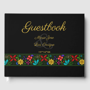 Elegant Black Gold Latijns-Amerikaanse Folk Floral Gastenboek
