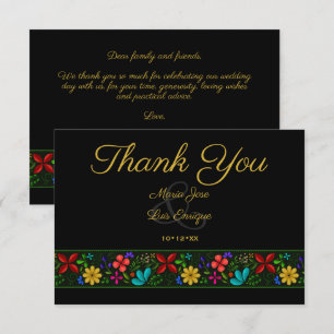 Elegant Black Gold Latin Folk Floral Wedding Bedankkaart