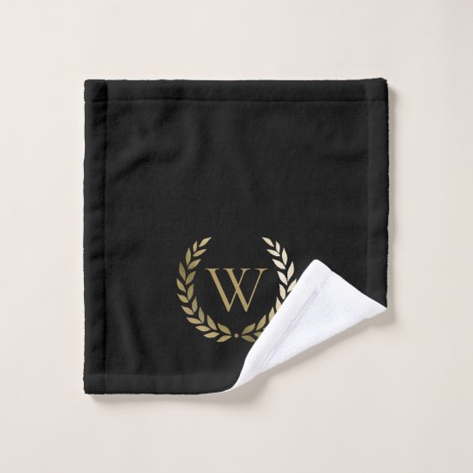 Elegant Black Gold Laurel Wreater Monogram Bad Handdoek (Wasdoekje)