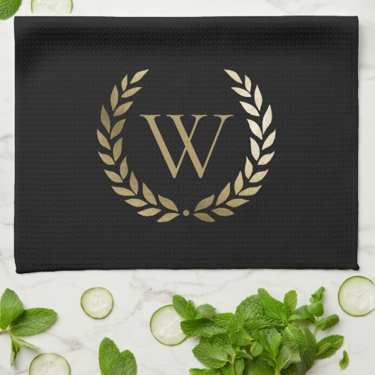 Elegant Black Gold Laurel Wreater Monogram Theedoek (Gevouwen)