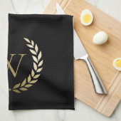 Elegant Black Gold Laurel Wreater Monogram Theedoek (Quarter Fold)