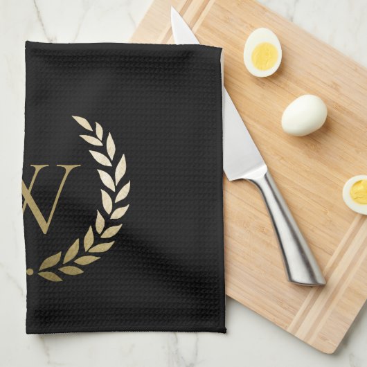 Elegant Black Gold Laurel Wreater Monogram Theedoek (Quarter Fold)