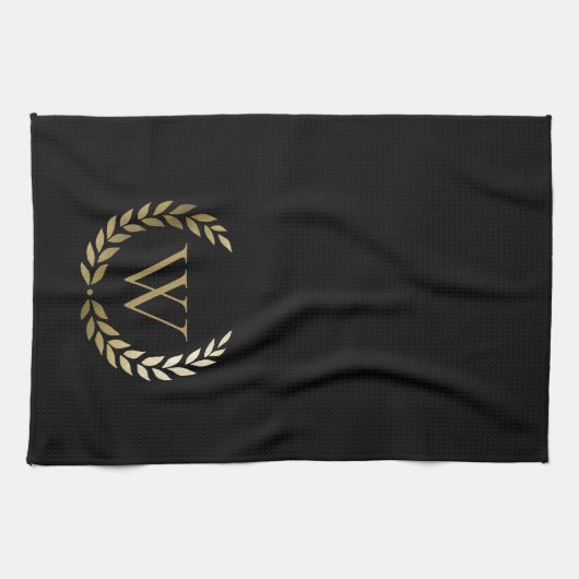 Elegant Black Gold Laurel Wreater Monogram Theedoek (Horizontaal)
