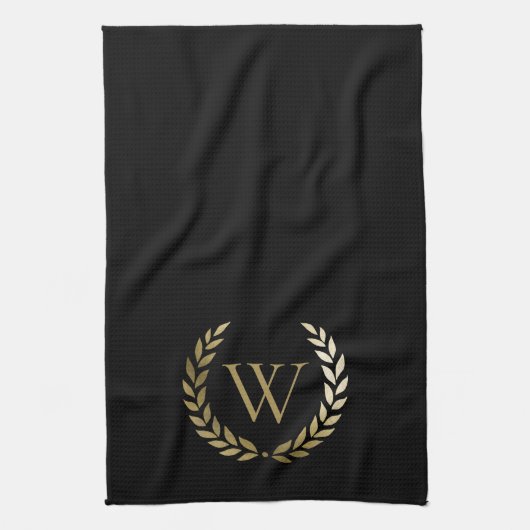 Elegant Black Gold Laurel Wreater Monogram Theedoek (Verticaal)