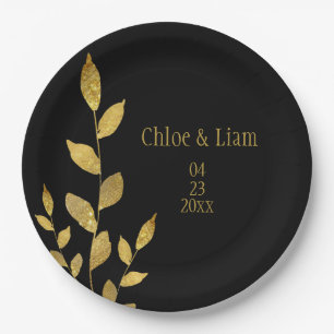 Elegant Black Gold Leaf Modern Chic Wedding Papieren Bordje