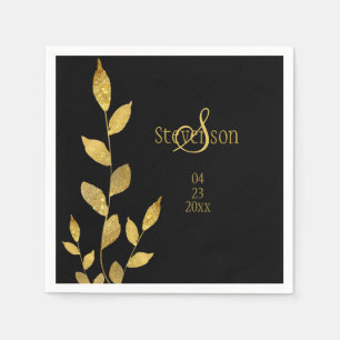 Elegant Black Gold Leaf Modern Monogram Weddenscha Servet