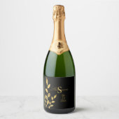 Elegant Black Gold Leaf Modern Monogram Weddenscha Sparkling Wijnetiket (Voorkant)