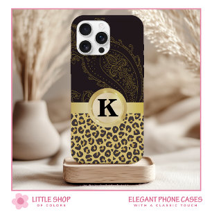 Elegant Black Gold Leopard Animal Print Monogram