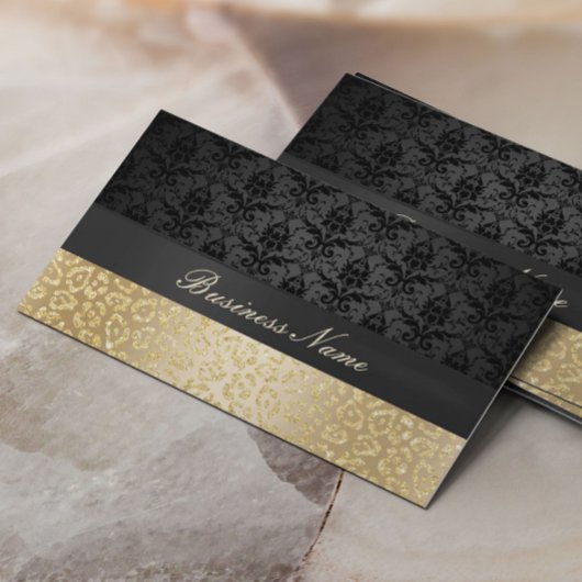 Elegant Black & Gold Leopard Print Damask Visitekaartje