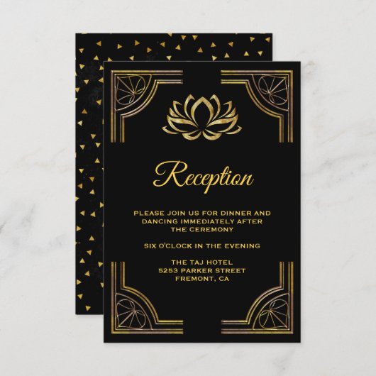 Elegant Black Gold Lotus Flower Weddenschap Informatiekaartje (Voorkant / Achterkant)