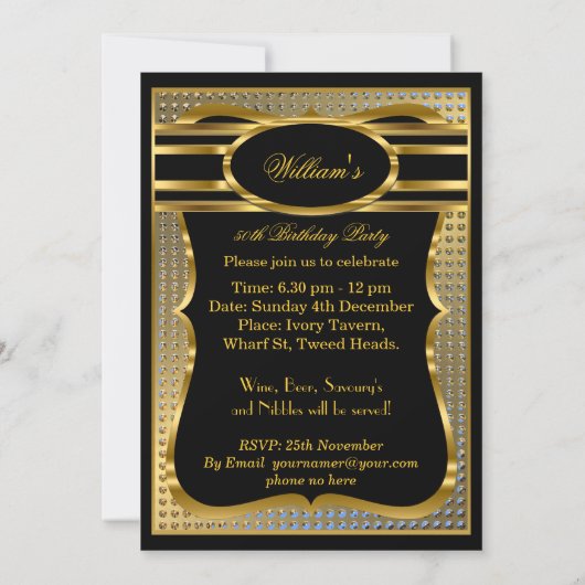 Elegant Black Gold Mannen Birthday Party Invitatio Kaart (Achterkant)