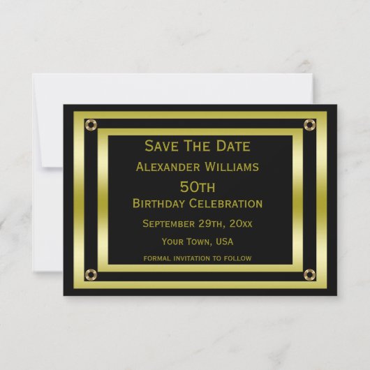 Elégant Black & Gold Man's 50th Save The Date (Dos)