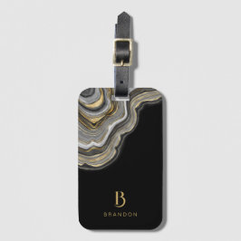 Elegant Black Gold Marble Monogram Bagagelabel