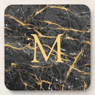 Elegant Black Gold Marble Monogram Bier Onderzetter