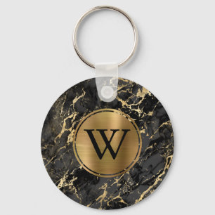 Elegant Black Gold Marble Monogram Sleutelhanger