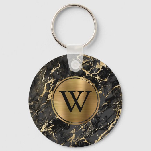 Elegant Black Gold Marble Monogram Sleutelhanger (Voorkant)