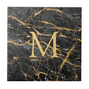Elegant Black Gold Marble Monogram  Tegeltje