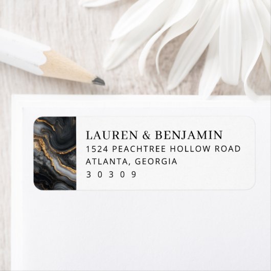 Elegant Black Gold Marbled Waves Etiket (Insitu)