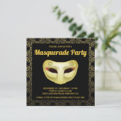 Elégant Black Gold Masquerade Party Invitation (Debout devant)