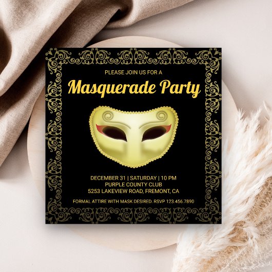 Elégant Black Gold Masquerade Party Invitation