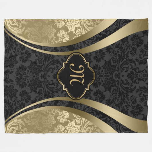 Elegant Black & Gold Metallic Floral Damaskers Fleece Deken (Voorkant (Horizontaal))