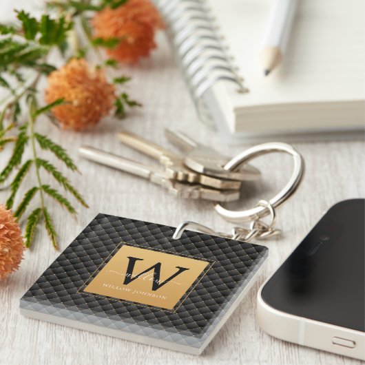 Elegant Black Gold Modern Monogram Initiaal Script Sleutelhanger (Voorkant Rechts)