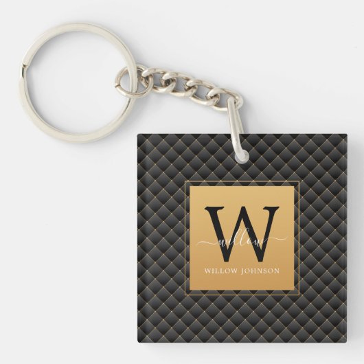 Elegant Black Gold Modern Monogram Initiaal Script Sleutelhanger (voorkant)