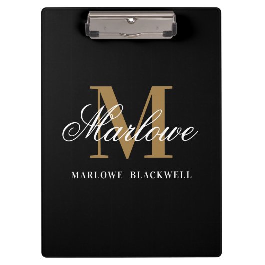 Elegant Black Gold Monogram Calligrafie Klembord (Voorkant)