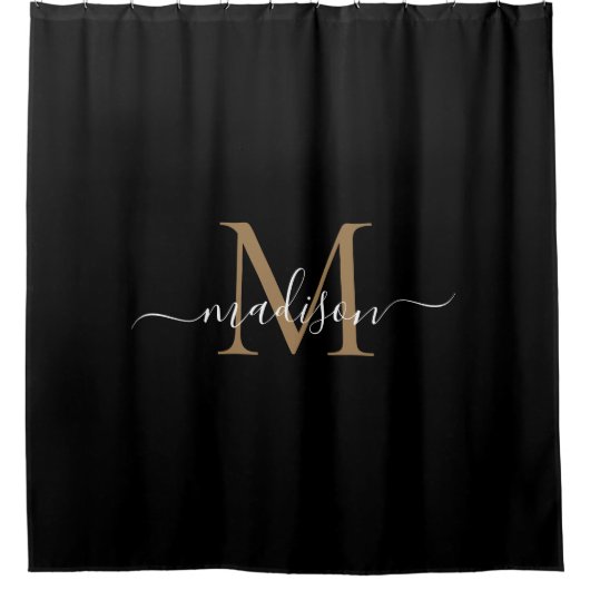 Elegant Black Gold Monogram Feminine Script Name Douchegordijn (Voorkant)