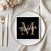 Elegant Black Gold Monogram Girly Script Birthday Servet