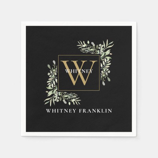 Elegant Black Gold Monogram Greenery Eucalyptus Servet (Voorkant)